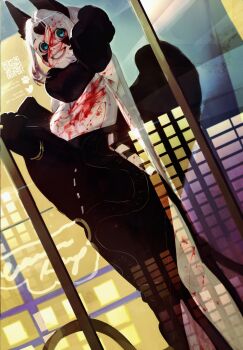 1girl animal_ears black_skin blood blood_on_clothes blood_on_face breasts cat_ears cat_tail colored_skin commentary commission crazy_grin english_commentary fur_collar furry furry_female grin highres holding large_breasts original pita-potato qr_code reflection short_hair smile solo sphinx standing tail teeth white_hair window wings