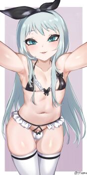 1boy absurdres aqua_eyes armpits artist_name black_bow blend_s blush bow bra bulge collarbone hair_bow highres incoming_hug jtveemo kanzaki_hideri long_hair looking_at_viewer male_focus navel nipples outstretched_arms panties parted_lips penis penis_peek silver_hair small_penis smile solo standing stomach thigh_gap thighhighs thighs trap underwear white_thighhighs
