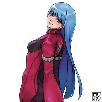 1girl arm_belt belt blue_hair bodysuit breasts chaps from_behind highres jacket jamrolypoly kula_diamond long_hair looking_at_viewer looking_back purple_jacket red_eyes simple_background small_breasts smile solo the_king_of_fighters the_king_of_fighters_xv