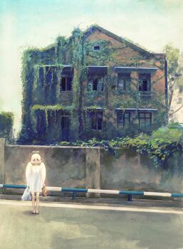 1girl abandoned abandoned_building angel angel_wings bag barefoot blonde_hair dress facing_viewer feathered_wings halo hidari_(nanmu-left) highres holding house leaf mcdonald's one-piece_dress original outdoors overgrown paper_bag plant plastic_bag road scenery short_hair sky solo standing vines white_wings wings