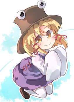 Rule 34 | 1girl, blush, blush stickers, brown eyes, brown hat, brown shoes, closed mouth, female focus, full body, hair between eyes, hair ribbon, hands up, hat, highres, kibisake, loafers, long sleeves, moriya suwako, purple skirt, purple vest, red ribbon, ribbon, shirt, shoes, skirt, sleeves past fingers, sleeves past wrists, smile, solo, thighhighs, touhou, vest, white shirt, white thighhighs