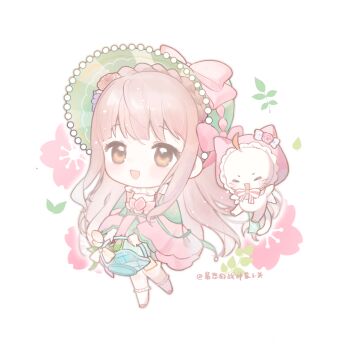 1girl =_= ahoge animal ankle_socks artist_name baonu_de_zhanshen_caibutou basket beads blunt_bangs bow bowtie braid brown_eyes cat cherry_blossoms chibi chinese_commentary cloak clothed_animal collared_shirt commentary_request crown_braid dress ear_covers eyelashes floral_background flower frilled_cloak frilled_hood frilled_shirt_collar frilled_socks frills green_bonnet hair_flower hair_ornament hat hat_bow hat_flower highres holding holding_basket hood hood_up hooded_cloak infinity_nikki leaking light_blush light_particles long_hair long_sleeves looking_at_viewer loose_hair_strand medium_dress momo_(nikki) nikki_(nikki) nikki_(series) official_alternate_costume open_mouth pink_bow pink_cloak pink_dress pink_flower pink_hair pink_rose pink_shoes purple_flower rose shirt shirt_under_dress shoes sidelocks single_stripe smile socks square_neckline striped_bow striped_bowtie striped_clothes tareme very_long_hair white_background white_bow white_bowtie white_cat white_shirt white_socks wide_sleeves
