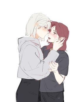 2girls black_shirt black_skirt blush commentary dogwhitee english_commentary eye_contact fang green_eyes grey_hoodie hand_on_another's_arm hand_on_another's_face highres hood hoodie looking_at_another medium_hair multiple_girls open_mouth original red_hair shirt short_hair simple_background skirt white_background white_hair yuri