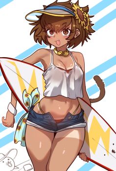 1girl absurdres bare_shoulders bikini bikini_under_clothes bikini_visible_through_clothes blush breasts brown_eyes brown_hair camisole choker cleavage cowboy_shot crop_top dark-skinned_female dark_skin ebora fang highres kuu_(nyanko_daisensou) midriff monkey_tail navel nyanko_daisensou open_mouth outline red_bikini short_hair short_shorts shorts sidelocks simple_background small_breasts smile solo surfboard swimsuit tail tan tanline two-tone_background visor_cap wristband