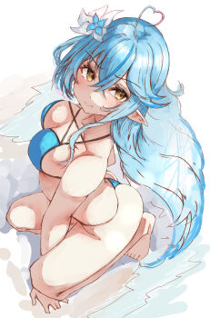 1girl absurdres ahoge barefoot bikini blue_bikini blue_hair blue_streaks blush closed_mouth elf flower hair_flower hair_ornament halterneck heart heart_ahoge highres hololive long_hair looking_at_viewer multicolored_hair pink_streaks pointy_ears sidelocks solo streaked_hair swimsuit tazrn1 very_long_hair virtual_youtuber yellow_eyes yukihana_lamy