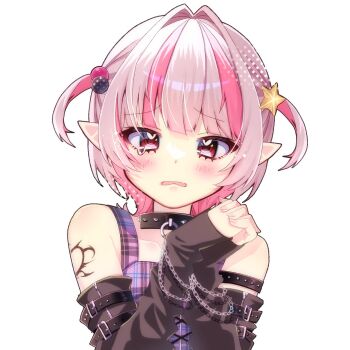 Rule 34 | 1girl, arm belt, arm strap, arm warmers, bare shoulders, belt, black arm warmers, black belt, black collar, blush, chain, chain bracelet, collar, collarbone, colored inner hair, commentary request, crop top, cross-laced clothes, cross-laced top, fang, furrowed brow, grey hair, hair intakes, hair ornament, halftone, hands up, highres, interlocked fingers, looking at viewer, makaino ririmu, makaino ririmu (6th costume), multicolored hair, multicolored hair bobbles, multiple belts, nijisanji, no headwear, no jacket, o-ring collar, own hands clasped, own hands together, parted lips, peanut mouth, pink hair, pink streaks, plaid clothes, pointy ears, red eyes, run x x x x, short hair, shoulder tattoo, simple background, skin fang, sleeveless, solo, spiked collar, spikes, standing, star (symbol), star hair ornament, streaked hair, tattoo, tearing up, two-tone hair, two side up, upper body, virtual youtuber, white background, wolf cut, zipper top