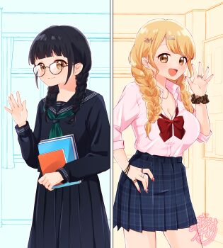 1girl :d absurdres bimbofication black_hair blonde_hair braid commentary_request commission corruption dual_persona earrings eyelashes glasses gyaru hair_ornament hairclip happy highres jewelry light_blush long_hair looking_at_viewer low_twin_braids low_twintails open_mouth original ring sashimi_(hitocelll) school_uniform scrunchie serafuku skeb_commission skirt smile solo standing twin_braids twintails waving wrist_scrunchie yellow_eyes