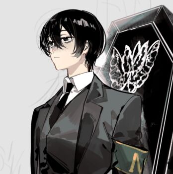 1boy :/ animal_print armband bags_under_eyes black_coat black_eyes black_hair black_necktie black_vest coat coffin collared_shirt commentary double-parted_bangs e.g.o_(project_moon) exhausted green_armband hair_between_eyes krab_(fumekrab) limbus_company male_focus necktie official_alternate_costume project_moon shirt short_hair solemn_lament_(e.g.o) solo symbol-only_commentary upper_body vest white_shirt yi_sang_(project_moon)