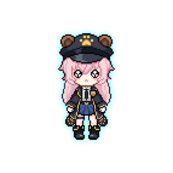 1girl :< alternate_costume animal_ears animated animated_png artist_request bear_ears belt black_belt black_boots black_hat black_jacket blue_skirt blush boots bouncing chibi gold_trim hair_between_eyes hat jacket long_hair long_sleeves looking_at_viewer lowres official_art outline paw_print pink_hair pixel_art pleading_eyes police_hat punishing:_gray_raven shirt skirt solo standing straight-on teddy:_spectre_(pgr) teddy_(pgr) thigh_strap white_shirt
