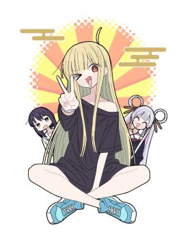 Rule 34 | > o, 3girls, ahoge, black shirt, blonde hair, blue shoes, bright pupils, brown eyes, cho kaguya-hime!, colored inner hair, commentary, crossed ankles, full body, grey hair, hair rings, highres, kaguya (cho kaguya-hime!), long hair, looking at viewer, multicolored hair, multiple girls, no socks, one eye closed, open mouth, peeking out, pink hair, purple hair, revision, runami yachiyo, sabi1234, sakayori iroha, shirt, shoes, short hair, single off shoulder, sitting, smile, sneakers, solo focus, t-shirt, twintails, v, white pupils