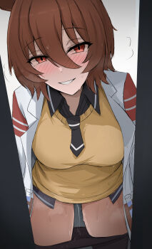 1girl absurdres agnes_tachyon_(umamusume) alternate_breast_size_(larger) animal_ears black_necktie black_pantyhose black_shirt blush breasts clothes_pull coat grin hair_between_eyes highres horse_ears horse_girl lab_coat large_breasts looking_at_viewer namikare necktie open_clothes open_coat pantyhose pantyhose_pull pussy_juice shirt short_hair smile solo sweater umamusume yellow_sweater