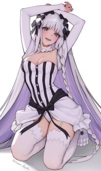 1girl absurdres arms_up black_bow blush bow braid breasts choker cleavage commentary dress english_commentary fate_(series) francesca_prelati_(fate) frilled_choker frills full_body garter_straps hair_bow highres kneeling long_braid long_hair looking_at_viewer medium_breasts multiple_hair_bows open_mouth purple_eyes quilm simple_background smile solo thighhighs very_long_hair white_background white_choker white_hair white_thighhighs