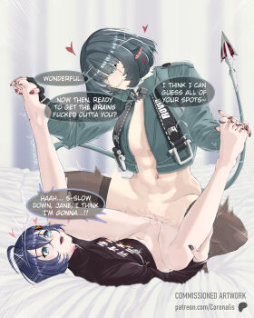 2girls abs absurdres age_difference bed belle_(zenless_zone_zero) blue_eyes blue_hair coronalis curtains feet green_eyes green_hair highres jacket jane_doe_(zenless_zone_zero) long_sleeves looking_at_another multiple_girls nail_polish older_female_and_younger_female open_mouth pussy tail thighhighs tribadism yuri zenless_zone_zero