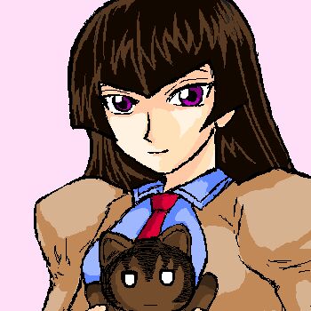 Rule 34 | 00s, 1girl, aliasing, azumanga daiou, blue shirt, brown hair, busou renkin, facing viewer, hayasaka ouka, iriomote cat, looking at viewer, lowres, mayaa (azumanga daioh), necktie, o o, purple eyes, red neckwear, sakaki (azumanga daioh), school uniform, shirt, simple background, upper body