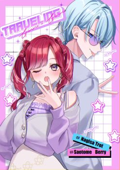1boy 1girl arm_up blue_eyes blue_hair blue_jacket blush bow-shaped_hair cardigan coco_(lu28_mi) collared_jacket earrings flower_pendant glasses gradient_cardigan grid_background hair_ribbon hashtag highres jacket jewelry long_hair long_sleeves multicolored_hair nagisa_trout nagisa_trout_(2nd_costume) nijisanji off_shoulder one_eye_closed open_mouth parted_bangs pink_background pink_hair purple-tinted_eyewear purple_eyes red_hair ribbon round_eyewear saotome_berry saotome_berry_(2nd_costume) short_hair skirt speciale_(nijisanji) tinted_eyewear tongue tongue_out twintails v virtual_youtuber white_hair white_skirt yawning