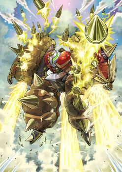 armor biomechanical blue_sky brown_armor cloud cloudy_sky flying full_body getter_khan getter_robo getter_robo_arc highres looking_at_viewer mecha mecha_focus missile missile_trail multicolored_armor red_armor robot science_fiction sky solo spikes super_robot thrusters yamanushi yellow_armor