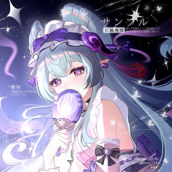 Rule 34 | 1girl, aqua hair, artist request, back bow, bare shoulders, bell, black choker, blunt bangs, bow, chinese commentary, choker, commission, covering own mouth, detached sleeves, earrings, frilled hairband, frilled kimono, frilled sleeves, frills, genshin impact, hair between eyes, hair ornament, hairband, hairpin, hand fan, hand up, headdress, highres, holding, image sample, japanese clothes, jewelry, kimono, light blush, lofter sample, long hair, long sleeves, looking at viewer, looking to the side, neck bell, nihongami, pink kimono, pointy ears, purple eyes, purple sash, sample watermark, sash, second-party source, shade, sleeveless, sleeveless kimono, solo, tail, tapir tail, upper body, watermark, wavy hair, white hairband, yumemizuki mizuki