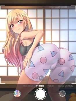 1girl ass bare_shoulders black_bra blonde_hair bra breasts cameltoe from_behind gradient_hair highres indoors kagato007 kitagawa_marin large_breasts long_hair multicolored_hair pink_hair purple_shorts shorts solo sono_bisque_doll_wa_koi_wo_suru taking_picture two-tone_hair underwear user_interface