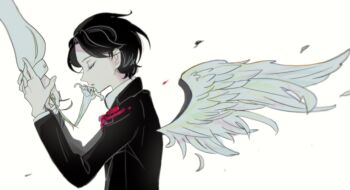 1boy angel_wings closed_eyes flower harukayosimura julusmole_bayhan long_sleeves male_focus profile school_uniform touma_no_shinzou white_background wings