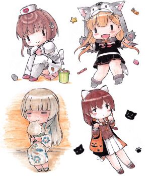 4girls animal_ears animal_hands animal_hood blonde_hair blush brown_hair candy chibi closed_eyes cotton_candy dress facial_mark fake_animal_ears fake_tail fang floral_print food gloves hair_ribbon halloween halloween_costume hat highres holding holding_cotton_candy holding_food hood japanese_clothes kantai_collection long_hair multiple_girls nurse_cap official_alternate_costume patchwork_clothes paw_gloves paw_print pleated_skirt poipoi_purin ribbon sailor_collar scarf school_uniform serafuku shirakumo_(kancolle) shirakumo_(yukata)_(kancolle) short_hair_with_long_locks simple_background skin_fang skirt souya_(halloween)_(kancolle) souya_(kancolle) tail ukuru_(halloween)_(kancolle) ukuru_(kancolle) whisker_markings white_background yuudachi_(halloween)_(kancolle) yuudachi_(kancolle) yuudachi_kai_ni_(kancolle)