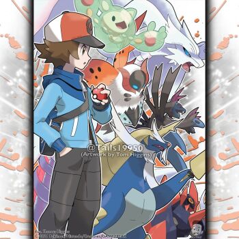 1boy artist_name baseball_cap black_pants blue_bag blue_eyes blue_jacket blue_sclera brown_hair colored_sclera commentary company_name copyright_notice english_commentary fangs from_side gen_5_pokemon gigalith hand_in_pocket hat hilbert_(pokemon) holding holding_poke_ball holding_weapon hydreigon instagram_username jacket legendary_pokemon long_sleeves male_focus merchandise_available nintendo official_style open_mouth outline pants poke_ball poke_ball_(basic) pokemon pokemon_(creature) pokemon_bw pokemon_team red_hat reshiram reuniclus samurott short_hair tom_higgins volcarona watermark weapon white_outline