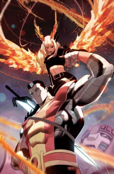 1boy 1girl abs armor black_lips black_shorts blonde_hair brother_and_sister colossus_(x-men) commentary english_commentary fiery_horns fiery_wings highres horns long_hair magik_(x-men) marvel muscular muscular_male official_art pauldrons sentinel_(x-men) shorts shoulder_armor siblings simone_di_meo spiked_pauldrons spikes superhero_costume sword weapon wings x-men