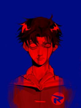 1boy batman_(series) black_hair bleeding blood blood_from_forehead blood_from_mouth blood_on_face bodysuit cape dc_comics domino_mask eye_mask highres injury jason_todd male_focus mask multicolored_bodysuit rhuviii robin_(dc) short_hair simple_background superhero_costume two-tone_bodysuit yellow_cape