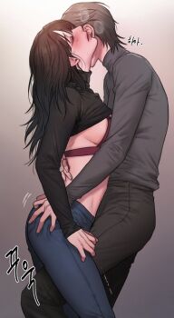 Rule 34 | 2girls, black hair, blush, bra, breasts, brown hair, closed eyes, clothes lift, grabbing another's ass, grinding, groping, highres, hug, kiss, kissing neck, long hair, medium breasts, multiple girls, original, pants, passionyurilove, rangrarii, shirt, shirt lift, short hair, sideboob, simple background, sweat, t-shirt, underwear, yuri