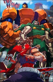 Rule 34 | 3boys, 5boys, abs, armor, belt, brown eyes, brown hair, cape, cloak, commentary, david liu, doctor doom, electricity, english commentary, fingerless gloves, gloves, glowing, glowing eyes, green cloak, helmet, highres, holding, holding weapon, hood, leotard, looking at viewer, looking up, male focus, manly, marvel, marvel vs. capcom, marvel vs. capcom 2, mask, mecha, mouth mask, multiple boys, muscular, muscular male, ninja, pants, red cape, red eyes, red scarf, robot, scarf, sentinel (x-men), sky, strider hiryuu, superhero costume, sword, tonfa, weapon, x-men, x-men: children of the atom