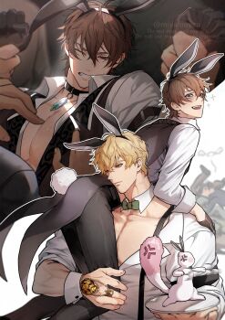 2boys animal animal_ears antenna_hair arm_strap ass bare_pectorals black_choker black_gloves black_pants black_vest blonde_hair blush bow bowtie brown_eyes brown_hair carrying carrying_over_shoulder carrying_person choker clenched_hands clenched_teeth closed_mouth collarbone collared_shirt crystal detached_collar eiden_(nu_carnival) ermine fake_animal_ears fake_tail gem gloves green_bow green_bowtie hand_on_another's_chest highres holding holding_another's_wrist holding_tray jewelry looking_at_viewer looking_back male_focus male_playboy_bunny miyamoyan multiple_boys multiple_views muscular muscular_male necklace nu_carnival one_eye_closed open_clothes open_collar open_mouth open_shirt orange_eyes out_of_frame pants pectoral_cleavage pectorals pendant_choker people quincy_(nu_carnival) rabbit_ears rabbit_tail ring shirt short_hair smile sparkle suspenders sweat tail tears teeth topper_(nu_carnival) tray tuxedo twitter_username upper_body vest watermark weasel white_shirt wrist_cuffs yaoi yellow_gem