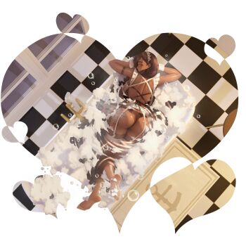 1girl apron artist_request ass bath bathroom bathtub black_panties breasts brown_eyes brown_hair bubble bubble_bath dark-skinned_female dark_skin from_above from_behind full_body garter_belt garter_straps hawaii_(warship_girls_r) highres in_bathtub large_breasts long_hair looking_at_viewer looking_back maid_headdress official_art panties partially_submerged smile soap_bubbles solo thighhighs tile_floor tiles transparent_background underwear warship_girls_r water wet wet_apron wet_clothes wet_thighhighs white_apron white_thighhighs