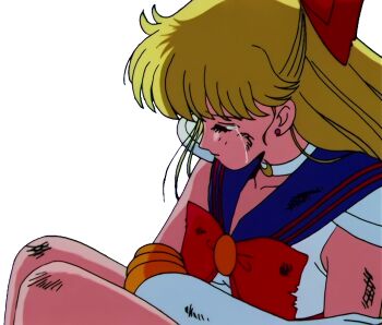 1girl adult_swim aino_minako bishoujo_senshi_sailor_moon blonde_hair closed_eyes crying crying_with_eyes_closed derivative_work red_ribbon ribbon sailor_v sailor_venus simple_background solo tears toonami transparent_background vector_trace white_background