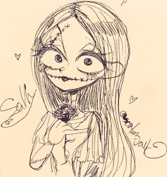 1girl darkjack618 dress graphite_(medium) long_hair patchwork_clothes patchwork_skin pinstripe_pattern sally_(nbc) smile stitched_face stitches striped_clothes tagme the_nightmare_before_christmas traditional_media