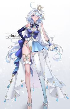1girl ahoge alternate_costume asymmetrical_gloves bare_shoulders blue_eyes blue_gemstone blue_gloves blue_leotard blue_pupils blue_streaks blue_thighhighs breasts commentary crown elbow_gloves english_commentary full_body furina_(genshin_impact) gem genshin_impact gloves gluteal_fold gradient_thighhighs grey_background hair_between_eyes hand_on_own_hip heterochromia highleg highleg_leotard highres instagram_logo jewelry leotard long_hair looking_at_viewer medium_breasts mini_crown multicolored_hair multicolored_leotard parted_lips patreon_logo princess_ailish signature single_elbow_glove single_thighhigh solo standing streaked_hair thighhighs thighlet twitter_logo two-tone_leotard uneven_gloves very_long_hair white_hair white_leotard white_thighhighs