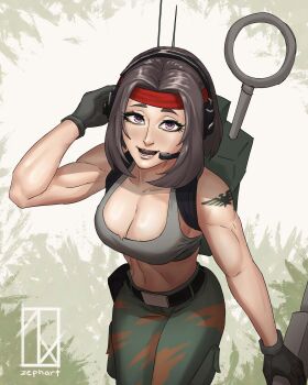 Rule 34 | abs, absurdres, armor, astra militarum, bandana, belt, bikini, boots, breasts, brown eyes, brown gloves, camouflage, camouflage bikini, camouflage pants, catachan jungle fighter, chihiro catarine, combat boots, combat knife, gloves, headset, highres, imperial aquila, knife, large breasts, lasgun, muscular, muscular female, original, pants, radio, short hair, simple background, swimsuit, tattoo, utility belt, warhammer 40k, weapon, zephart