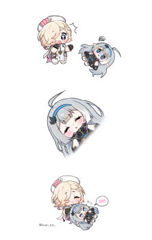 Rule 34 | 2girls, :3, @ @, ahoge, black dress, black gloves, black shoes, blonde hair, blue hairband, blush, chibi, chibi only, closed eyes, closed mouth, commentary, coronis (stella sora), dress, female tyrant (stella sora), gloves, grey hair, hair over one eye, hairband, hat, highres, hue oo, long hair, lying, multiple girls, on back, open mouth, purple eyes, shoes, short hair, short sleeves, spoken blush, squiggle, stella sora, untranslatable commentary, thighhighs, tyrant (stella sora), white dress, white hat, white shoes, white thighhighs