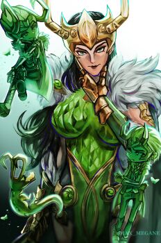 1girl 2boys absurdres alligator alligator_loki alternate_form armor artist_name black_hair blurry breasts bug butterfly cape chibi commentary_request cowboy_shot crocodilian crossed_legs depth_of_field fake_horns fur-trimmed_cape fur_trim gold_gloves gradient_background green_armor green_eyes hand_on_own_chin helmet highres holding holding_staff horned_headwear horned_helmet horns insect lady_loki large_breasts loki_(marvel) loki_(presidential_attire)_(marvel) long_hair looking_at_viewer marvel marvel_rivals megane_(0max_megane0) multiple_boys multiple_persona official_alternate_costume pelvic_curtain red_lips scale_armor staff thor_(marvel)_(series) white_background
