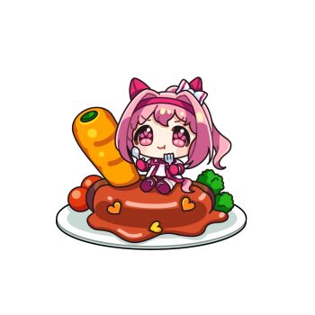 1girl :t animal_ears bow buruma carrot chibi closed_mouth commentary_request ear_bow eating fingerless_gloves flower-shaped_pupils food fork gloves gym_shirt gym_uniform hamburger_steak haru_urara_(bestest_prize)_(umamusume) haru_urara_(umamusume) highres holding holding_fork holding_spoon horse_ears horse_girl horse_tail in_food jacket looking_at_viewer mini_person minigirl mochiusasa open_clothes open_jacket pink_hair plate ponytail purple_eyes purple_shoes red_buruma red_gloves shirt shoe_soles shoes simple_background sitting socks solo spoon striped_clothes striped_socks symbol-shaped_pupils tail umamusume v-shaped_eyebrows white_background white_bow white_jacket white_shirt