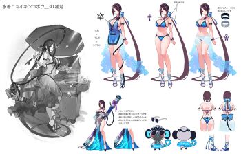 1girl absurdly_long_hair apron armband armpits ass beach bell_pepper bikini bird blue_bikini blue_sky blush bow breasts brown_eyes brown_hair burger cable cable_tail reference_sheet command_killers_(phantom_of_the_kill) cooking cup day food from_behind full_body grill grilling hair_bow huge_breasts innertube long_hair looking_back meat mechanical_tail monkey monkey_tail multicolored_hair nyoi_kinko_bo_(phantom_of_the_kill) ocean official_alternate_costume official_art outdoors palm_tree patio phantom_of_the_kill plate ponytail potato_wedges sandals sarong shrimp skewer sky straight-on summer swim_ring swimsuit table tail tongs tree two-tone_hair umbrella vegetable very_long_hair white_background