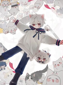 2boys :3 :d animal animal_ears black_boots blue_pants boots cat cat_boy cat_ears censored censored_identity chibi clone closed_mouth double-parted_bangs feet_out_of_frame hair_between_eyes hashtag-only_commentary highres hood hood_down hoodie indie_utaite lace-up_boots long_sleeves looking_at_viewer mafumafu male_focus multiple_boys open_mouth outstretched_arms pants red_eyes sakura_neru_(sakurachi9) short_hair smile spread_arms utaite white_background white_hair white_hoodie