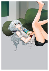 Rule 34 | 1girl, bare shoulders, barefoot, brown eyes, commentary request, g11 (girls&#039; frontline), girls&#039; frontline, grey hair, highres, long hair, lying, mush, on back, parted lips, shorts, solo, wristband