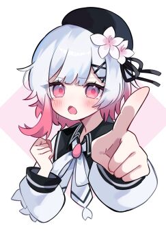 1girl beret black_hat black_ribbon brooch cherry_blossoms commentary_request flower gradient_hair hair_flower hair_ornament hands_up hat highres index_finger_raised jewelry long_sleeves looking_at_viewer mahou_shoujo_no_majo_saiban multicolored_hair nanakusa_yomogi neck_ribbon open_mouth pink_eyes pink_hair pointing pointing_at_viewer ribbon sakuraba_ema short_hair solo upper_body white_flower white_hair white_ribbon x_hair_ornament