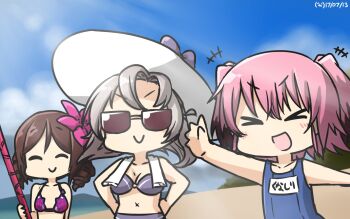Rule 34 | > <, +++, 3girls, bikini, brown hair, commentary, cosplay, dated, drill hair, fate/grand order, fate (series), flower, gae bolg (fate), grey hair, hair flower, hair ornament, hamu koutarou, harukaze (kancolle), hat, highres, kantai collection, kinugasa (kancolle), kunashiri (kancolle), multiple girls, name tag, one-piece swimsuit, pink hair, scathach (fate), scathach (fate/grand order), scathach (swimsuit assassin) (fate), scathach (swimsuit assassin) (fate) (cosplay), school swimsuit, sun hat, sunglasses, swimsuit, towel, towel around neck, v-shaped eyebrows, voice actor connection