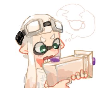 Rule 34 | goggles, goggles on head, green eyes, holding, holding weapon, inkling girl, inkling player character, kasa, looking at object, nintendo, open mouth, speech bubble, splatoon (series), splattershot jr. (splatoon), tentacle hair, thought bubble, weapon