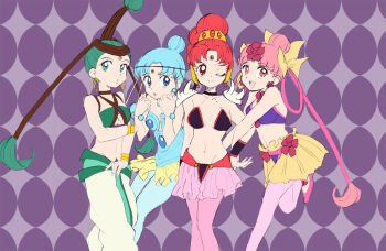 1990s_(style) 4girls amazoness_quartet bad_id bad_pixiv_id bindi bishoujo_senshi_sailor_moon bishoujo_senshi_sailor_moon_supers blue_eyes bow bra breasts cerecere_(sailor_moon) criss-cross_halter earrings flower green_eyes green_hair hair_flower hair_ornament halterneck happy jewelry junjun_(sailor_moon) leotard long_hair looking_at_viewer midriff multiple_girls navel oboro_(hainyuu) one_eye_closed open_mouth pallapalla_(sailor_moon) pink_eyes pink_hair red_eyes red_hair retro_artstyle sketch skirt smile teeth underwear vesves_(sailor_moon) wink yellow_bow