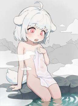 1girl absurdres ahoge animal_ears commentary_request convenient_censoring covering_privates dog_ears dog_girl dog_tail flat_chest highres holding holding_towel korean_commentary kosobin loli navel nude_cover onsen open_mouth original red_eyes short_hair sitting soaking_feet steam steam_censor tail teeth towel upper_teeth_only variant_set white_hair