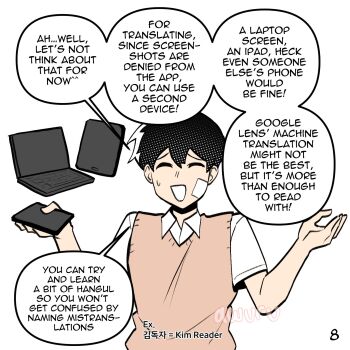 1boy areuwuu bandaid bandaid_on_arm bandaid_on_face black_hair collared_shirt commentary computer english_commentary english_text hair_between_eyes highres holding holding_phone ipad kim_dokja laptop male_focus oldest_dream omniscient_reader&#039;s_viewpoint phone screenshot_inset shirt short_hair shrugging speech_bubble sweatdrop t-shirt tablet_pc vest white_shirt yellow_vest