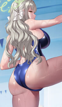 1girl alternate_costume ass back blue_archive blue_one-piece_swimsuit bow breasts brown_eyes closed_mouth commentary_request competition_swimsuit deras from_behind green_halo grey_hair hair_bow halo highres large_breasts long_hair looking_at_viewer miyo_(blue_archive) one-piece_swimsuit solo swimsuit thighs wet white_bow