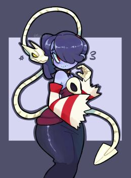 1girl bare_shoulders colored_skin detached_collar detached_sleeves hair_over_one_eye leviathan_(skullgirls) object_through_head pripunt purple_hair purple_skin red_eyes side_ponytail skeletal_hand skull skullgirls squigly_(skullgirls) stitched_mouth stitches striped_sleeves wide_hips zombie