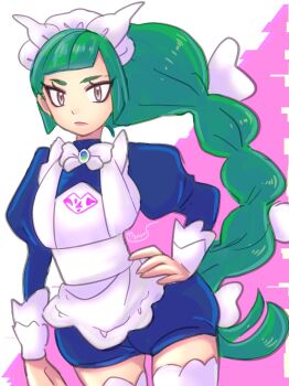 1girl apron black_romper blunt_bangs bow bowtie braid braided_ponytail green_hair hand_on_own_hip highres juliet_sleeves lebanne_(pokemon) long_braid long_hair long_sleeves maid maid_apron maid_headdress nintendo pink_lips pokemon pokemon_legends:_z-a puffy_sleeves romper schnee_7 solo tsurime white_bow white_bowtie